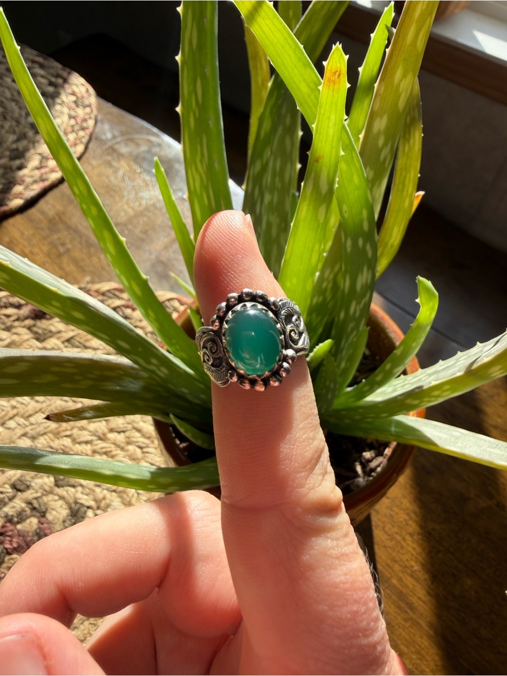 Sterling Silver Natural Green onyx adjustable ring